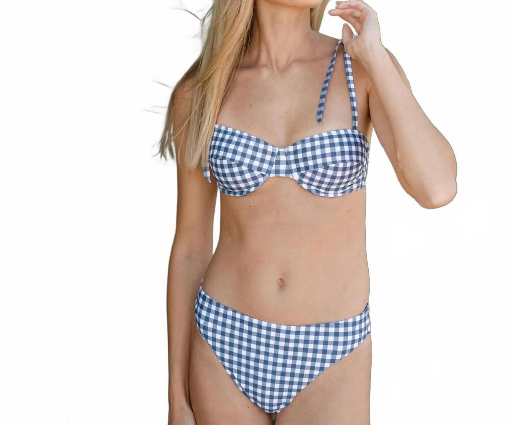 NEW MINNOW women's picnic gingham mid rise bikini bottom in navy